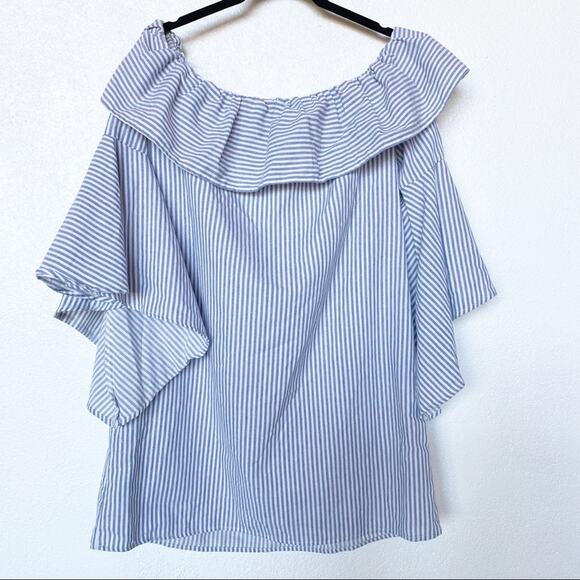 Jealous Tomato Off the Shoulder Bell Sleeve Pinstripe Dress Size Large - Picture 9 of 10